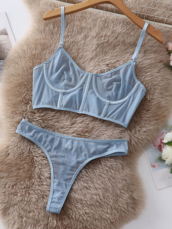 ライトスカイブルーブラジャー パンティ セット シルバー ポリエステル シアー セクシー 大人用 ランジェリー