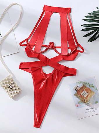 レッド テディランジェリー ブラック カットアウト ポリエステル レディース セクシー テディ