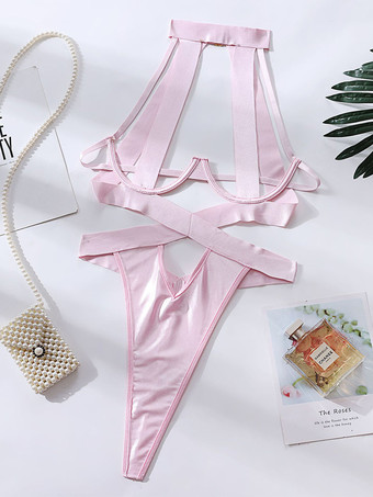 ピンクテディランジェリー ブラック カットアウト ポリエステル レディース セクシー テディ