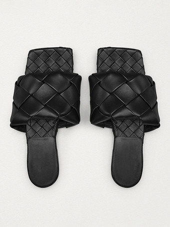 レディーススライドサンダル シックなPUレザースクエアトゥスリッパ