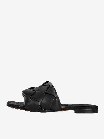 ブラック レディーススライドサンダル シックなPUレザースクエアトゥスリッパ