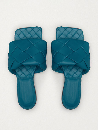 ティールレディーススライドサンダル シックなPUレザースクエアトゥスリッパ