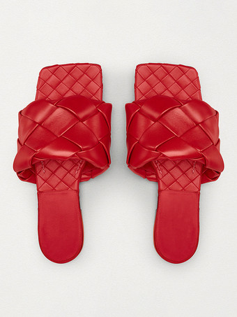 レッド レディーススライドサンダル シックなPUレザースクエアトゥスリッパ