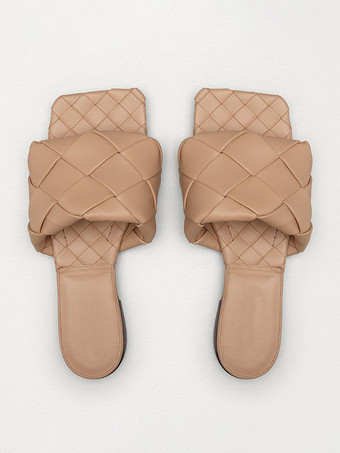 ディープアプリコットレディーススライドサンダル シックなPUレザースクエアトゥスリッパ