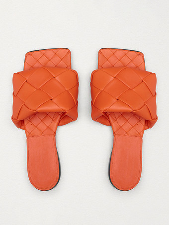 オレンジレディーススライドサンダル シックなPUレザースクエアトゥスリッパ