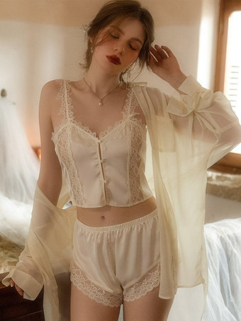 パジャマセット ブラック シルク風レース デイリーカジュアルランジェリー