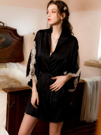 ブラック ローブ シルク風レース ツートン ランジェリー