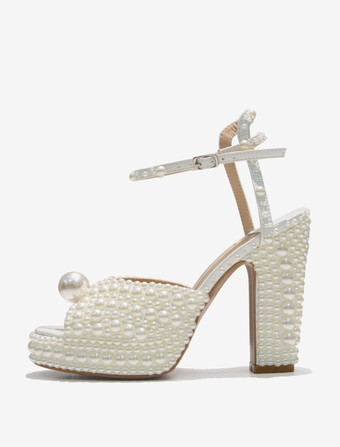 ホワイトパールブライダルサンダル ピープトゥ ブロックヒール アンクルストラップ ウェディングシューズ