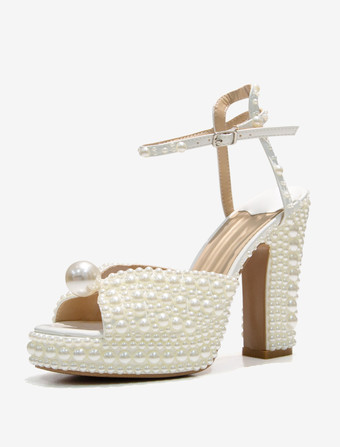 アイボリー ホワイトパールブライダルサンダル ピープトゥ ブロックヒール アンクルストラップ ウェディングシューズ