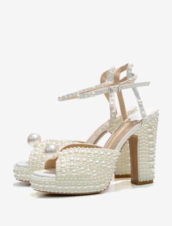 ホワイトパールブライダルサンダル ピープトゥ ブロックヒール アンクルストラップ ウェディングシューズ