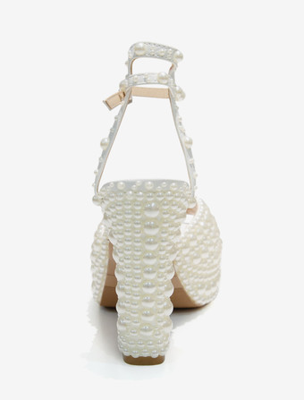 ホワイトパールブライダルサンダル ピープトゥ ブロックヒール アンクルストラップ ウェディングシューズ