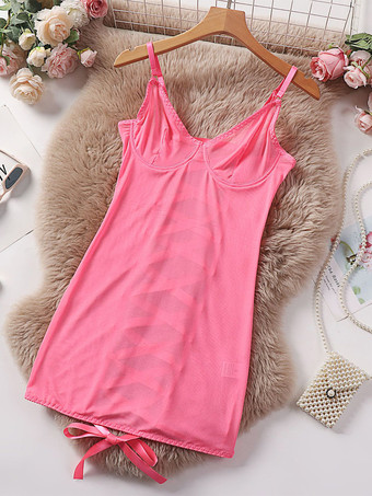 ピンク女性用シュミーズ ホワイト ポリエステル カットアウト シアー ランジェリー