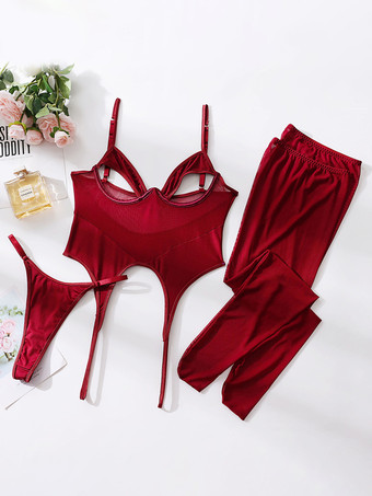 ワインレッド テディランジェリー ブラック カットアウト シアー ポリエステル セクシー テディ レディース