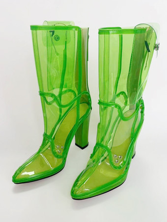 グラスグリーンセクシーなライトアップブーツ ポインテッドトゥ チャンキーヒール アンクルブーツ 電池不要