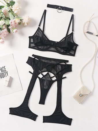 ブラック ブラジャー パンティ セット グラスグリーン ポリエステル カットアウト セクシー 大人用 ランジェリー