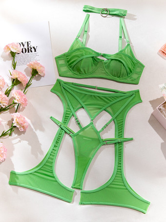 ブラジャー パンティ セット グラスグリーン ポリエステル カットアウト セクシー 大人用 ランジェリー