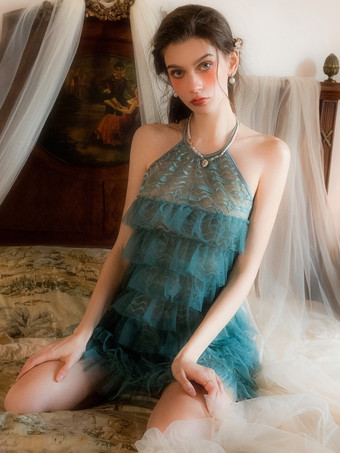 Lingerie da donna senza schienale in pizzo simil seta blu verde