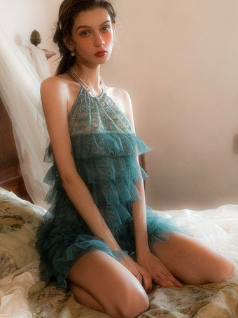 Lingerie da donna senza schienale in pizzo simil seta blu verde