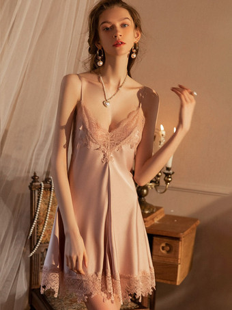 サーモンピンクベビードール ランジェリー レディース ベビードール ロータス ピンク レース ツートン バックレス シルク風 セクシー