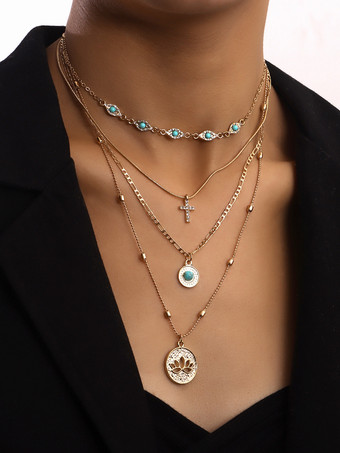 ゴールド ネックレス 邪眼 クロス ロータス レイヤード シック ネックレス