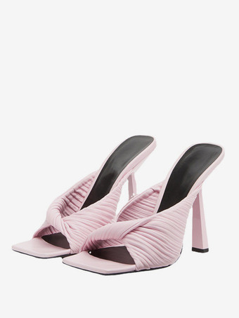 ピンクレディーススライドサンダル オープンスクエアトゥ 特殊形状ヒールミュール