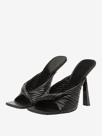 ブラック レディーススライドサンダル オープンスクエアトゥ 特殊形状ヒールミュール