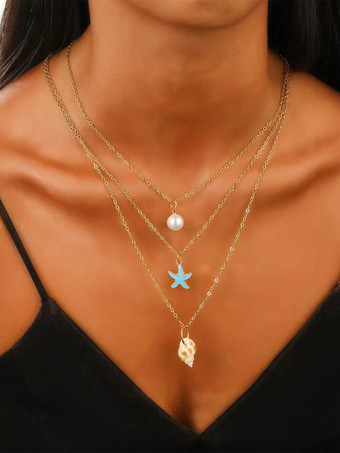 ゴールド ネックレス パール シェル レイヤード ビーチネックレス