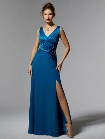 ロイヤルブルー花嫁の母親のためのパーティードレス Vネック ノースリーブ マーメイドフラワー トレーン付き 結婚式用ゲストドレス