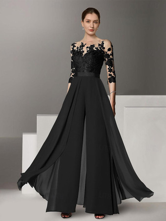 ブラックブライダルマザードレス ジュエルネック ハーフスリーブ ツーピース レース フロアレングス ウェディングゲストドレス