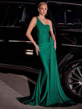 ダークグリーンマザードレス ワンショルダー ノースリーブ マーメイド プリーツ ウェディングゲストドレス