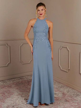 グレーブルー花嫁の母親のためのパーティードレス ホルターネック ノースリーブ マーメイド ビーズ トレーン付き 結婚式用ゲストドレス