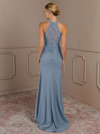 花嫁の母親のためのパーティードレス ホルターネック ノースリーブ マーメイド ビーズ トレーン付き 結婚式用ゲストドレス