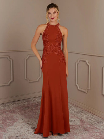 ブリックレッド花嫁の母親のためのパーティードレス ホルターネック ノースリーブ マーメイド ビーズ トレーン付き 結婚式用ゲストドレス