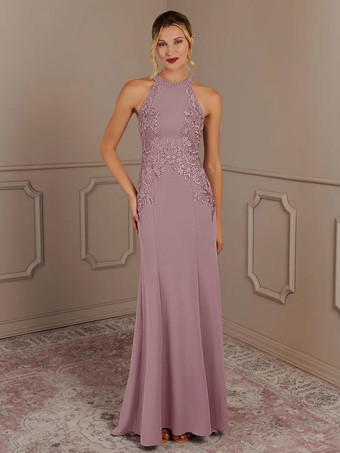 サーモンピンク花嫁の母親のためのパーティードレス ホルターネック ノースリーブ マーメイド ビーズ トレーン付き 結婚式用ゲストドレス