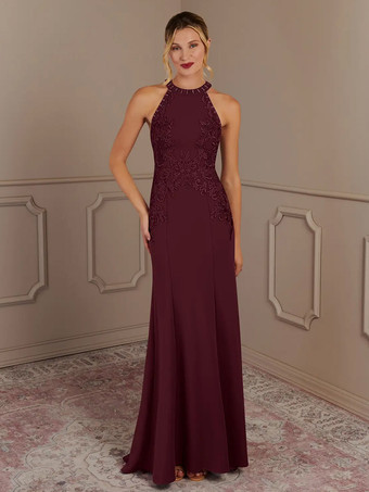 エンバーレッド花嫁の母親のためのパーティードレス ホルターネック ノースリーブ マーメイド ビーズ トレーン付き 結婚式用ゲストドレス