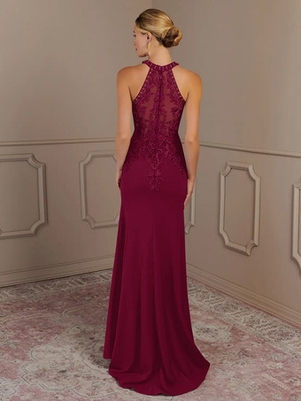 花嫁の母親のためのパーティードレス ホルターネック ノースリーブ マーメイド ビーズ トレーン付き 結婚式用ゲストドレス