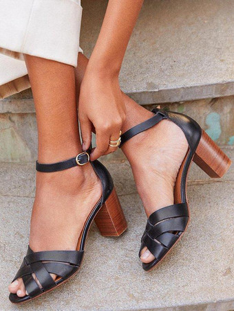 ブラック レディース ブロックヒールサンダル ピープトゥ アンクルストラップサンダルシューズ