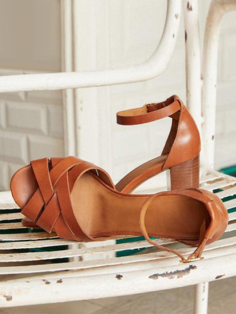 ブラウン レディース ブロックヒールサンダル ピープトゥ アンクルストラップサンダルシューズ