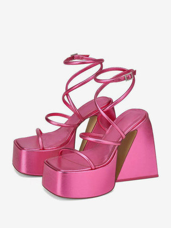 ローズレッドブロックヒールサンダル プラットフォーム スクエアトゥ ストラップ ホームカミングシューズ