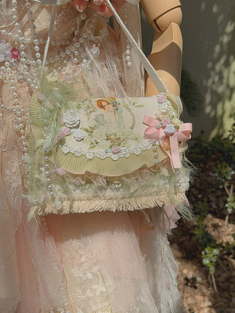 ピンク田園風ロリータバッグ ピンク ポリエステルアップリケ リボン ポリエステルファイバー クロスボディバッグ ロリータアクセサリー