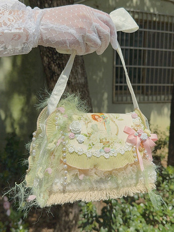 田園風ロリータバッグ ピンク ポリエステルアップリケ リボン ポリエステルファイバー クロスボディバッグ ロリータアクセサリー