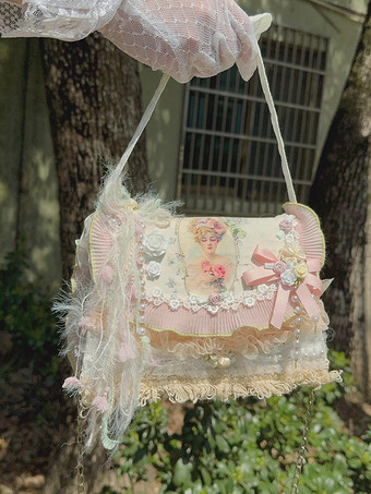 グリーン 田園風ロリータバッグ ピンク ポリエステルアップリケ リボン ポリエステルファイバー クロスボディバッグ ロリータアクセサリー