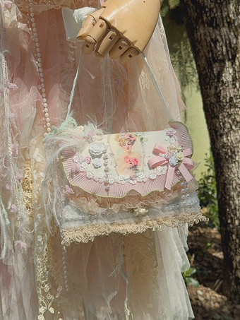 田園風ロリータバッグ ピンク ポリエステルアップリケ リボン ポリエステルファイバー クロスボディバッグ ロリータアクセサリー