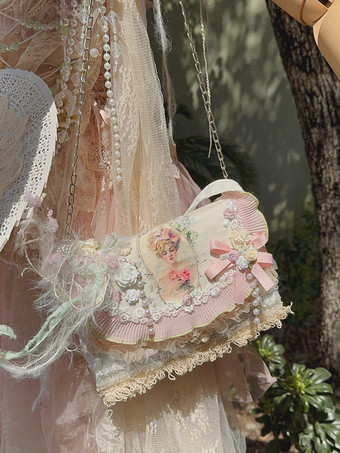 田園風ロリータバッグ ピンク ポリエステルアップリケ リボン ポリエステルファイバー クロスボディバッグ ロリータアクセサリー
