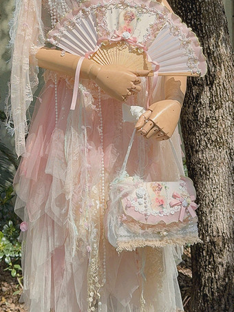 田園風ロリータバッグ ピンク ポリエステルアップリケ リボン ポリエステルファイバー クロスボディバッグ ロリータアクセサリー