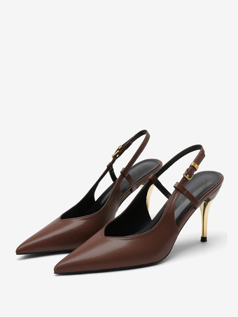 ディープブラウンレディース スリングバックヒール ポインテッドトゥ スティレットヒール ドレスシューズ