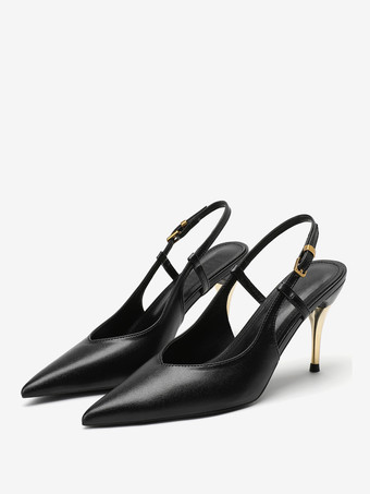 ブラック レディース スリングバックヒール ポインテッドトゥ スティレットヒール ドレスシューズ