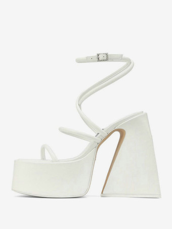 ホワイト ブロックヒールサンダル プラットフォーム スクエアトゥ ストラップ ホームカミングシューズ