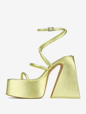 イエローブロックヒールサンダル プラットフォーム スクエアトゥ ストラップ ホームカミングシューズ