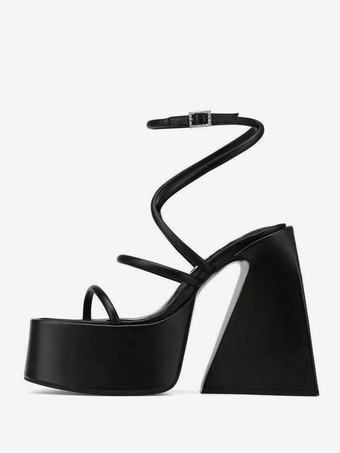 ブラック ブロックヒールサンダル プラットフォーム スクエアトゥ ストラップ ホームカミングシューズ